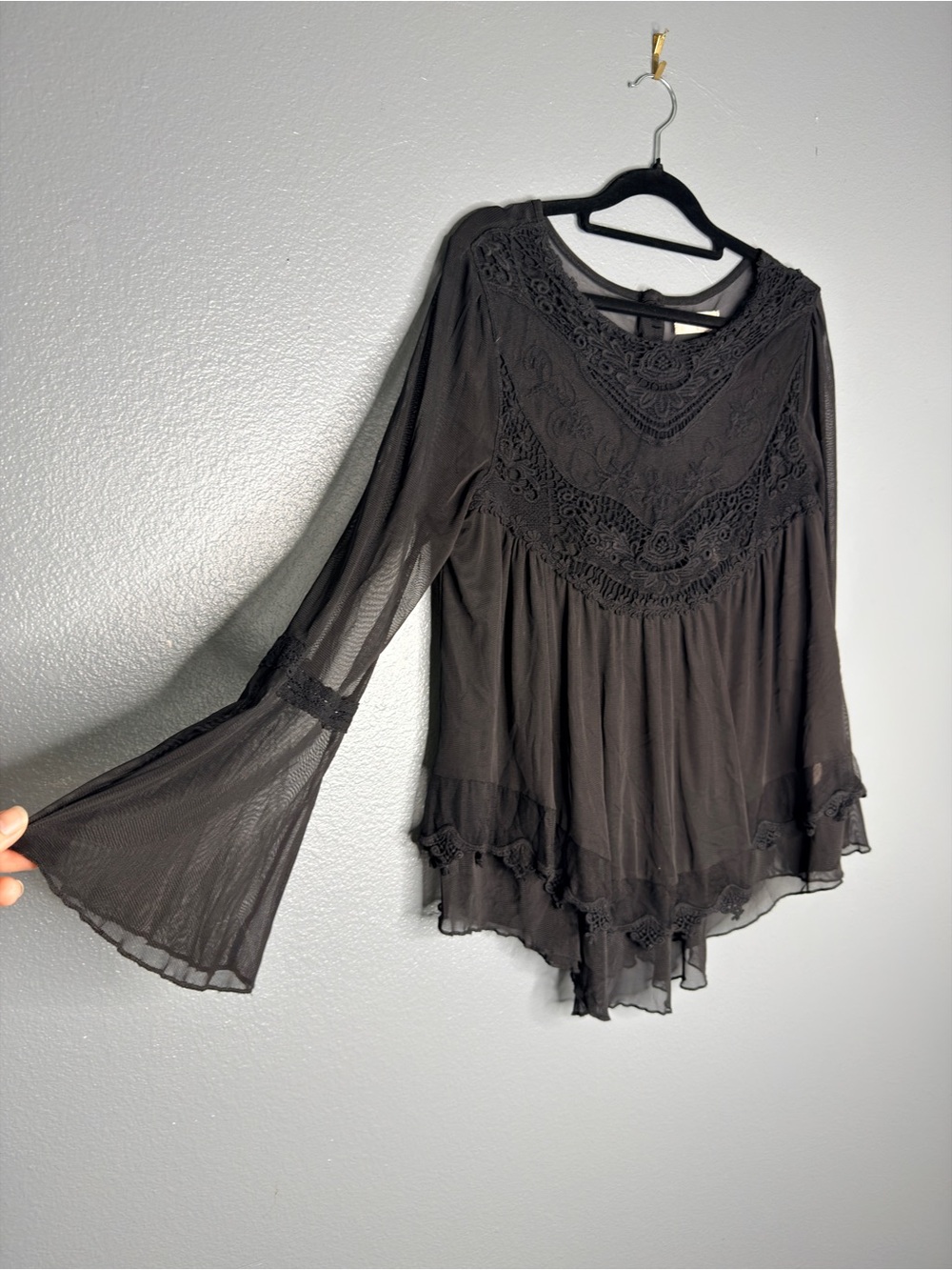 Altar'd State Black Lace-Trim Flowy Bell Sleeve Tunic Witchy Whimsy Goth Medium